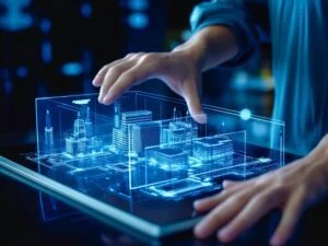 Engineer,With,Hologram,Construction,Map.,Building,Skyline.,3d,Illustration.